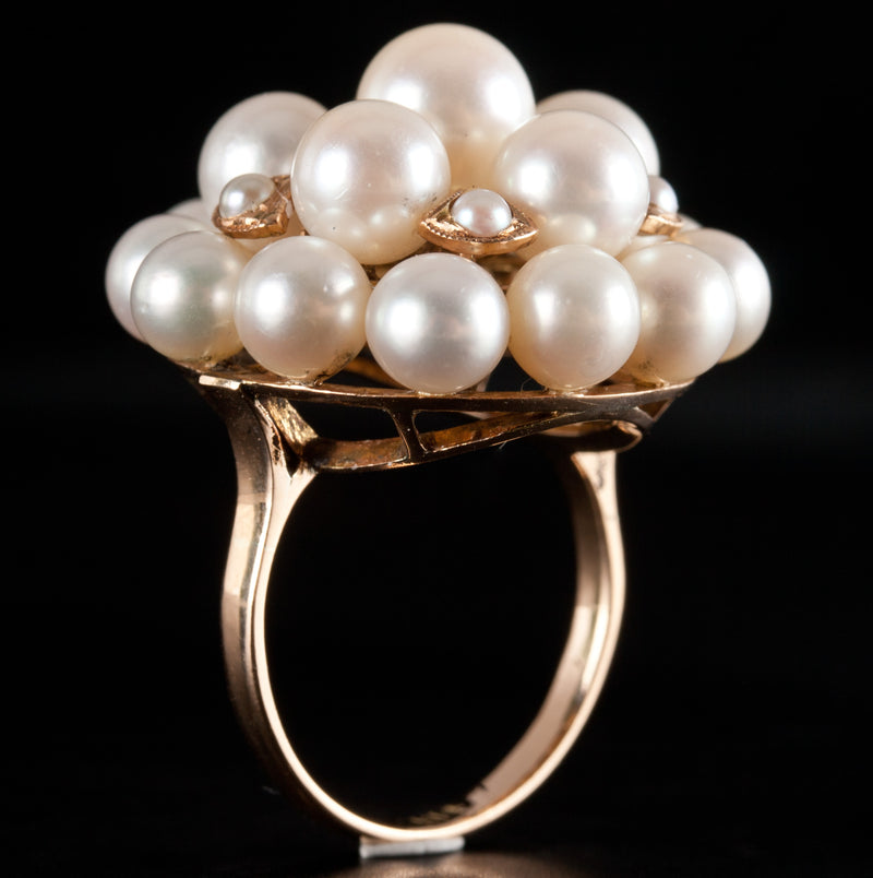 Vintage 1960s 14k Yellow Gold Round Cultured Pearl Cluster Dome Style Ring 8.85g