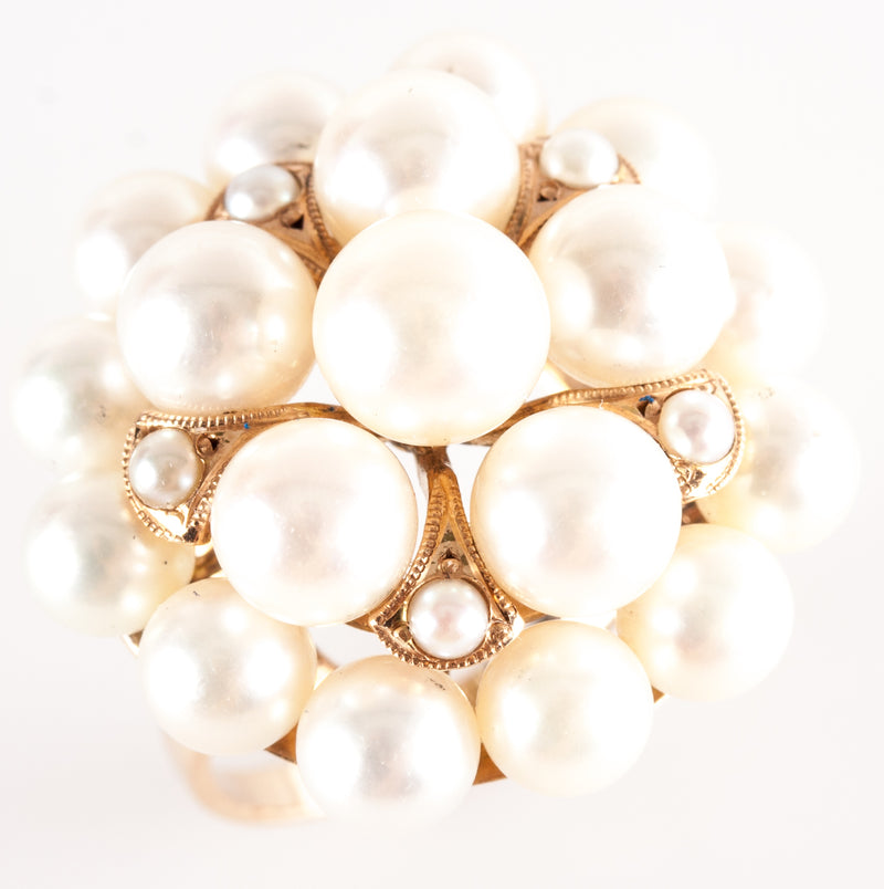 Vintage 1960s 14k Yellow Gold Round Cultured Pearl Cluster Dome Style Ring 8.85g