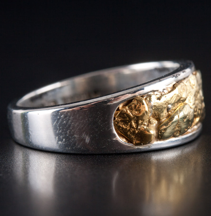 Men's Sterling Silver / 21.6k Gold Nugget Inlay Style Ring 6.50g Size 8.5