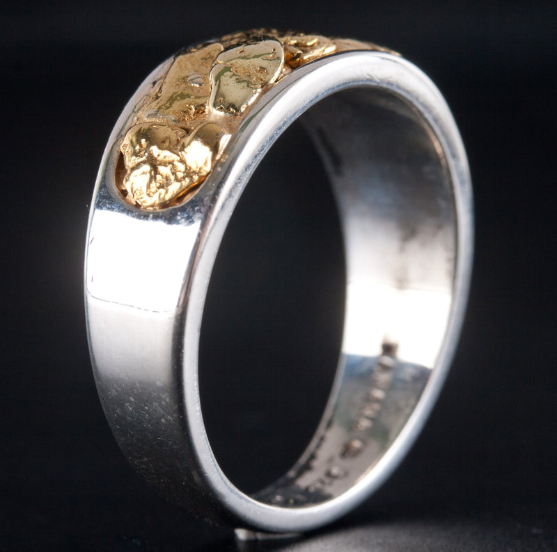 Men's Sterling Silver / 21.6k Gold Nugget Inlay Style Ring 6.50g Size 8.5