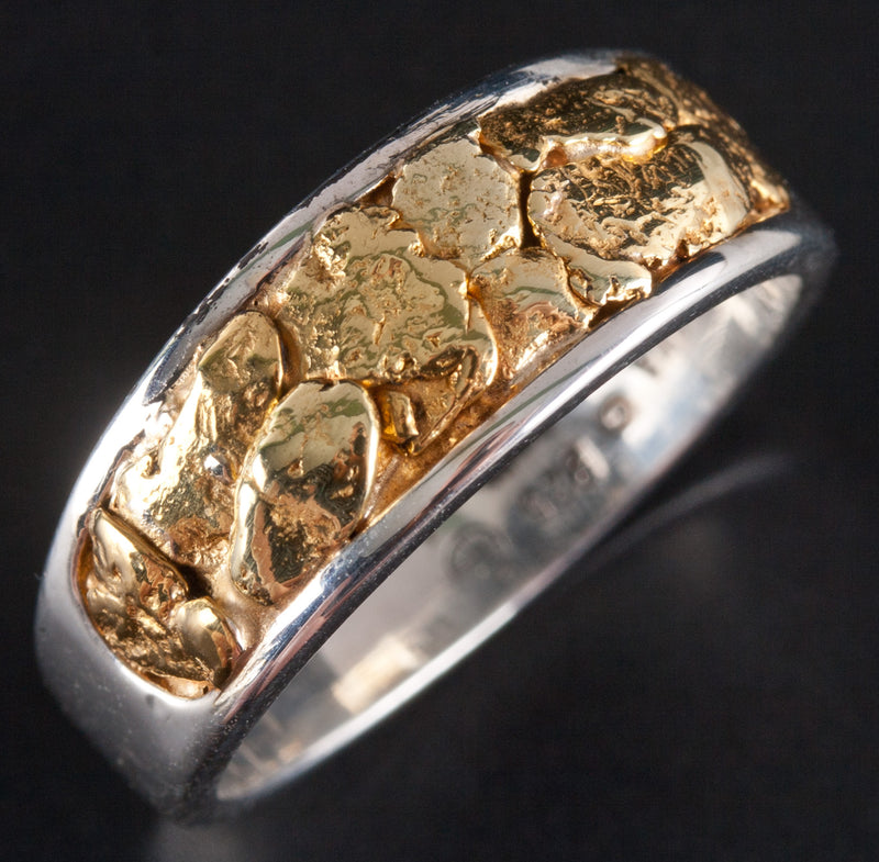 Men's Sterling Silver / 21.6k Gold Nugget Inlay Style Ring 6.50g Size 8.5