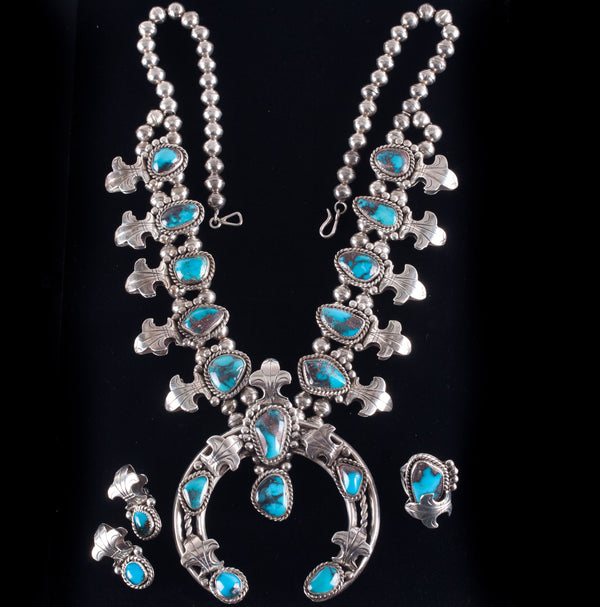 Vintage 1960's Sterling Silver Bisbee Turquoise Squash Ring Earring Set 240.6g