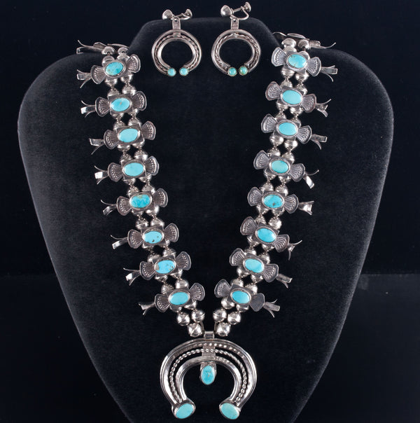 Vintage 1970's Sterling Silver Sleeping Beauty Turquoise Squash Earring Set 117g