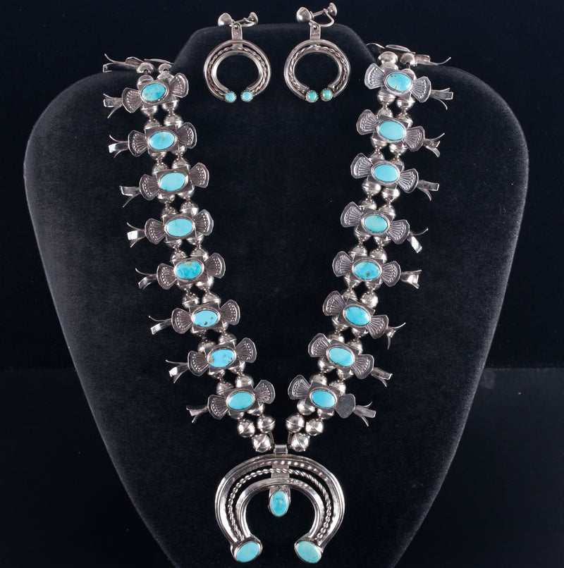 Vintage 1970's Sterling Silver Sleeping Beauty Turquoise Squash Earring Set 117g