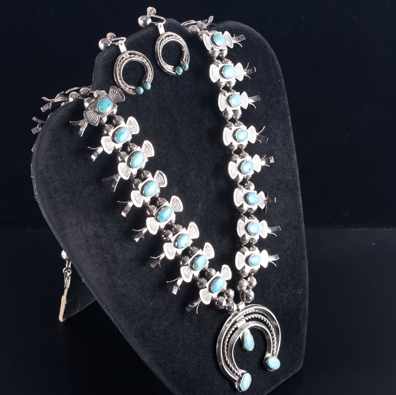 Vintage 1970's Sterling Silver Sleeping Beauty Turquoise Squash Earring Set 117g