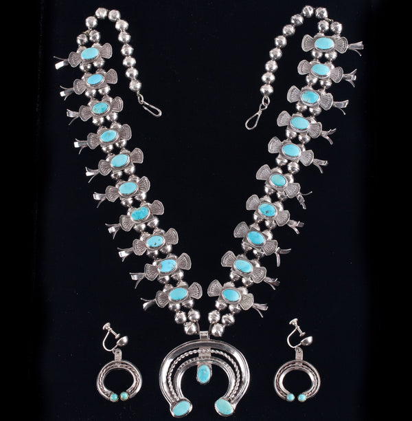 Vintage 1970's Sterling Silver Sleeping Beauty Turquoise Squash Earring Set 117g