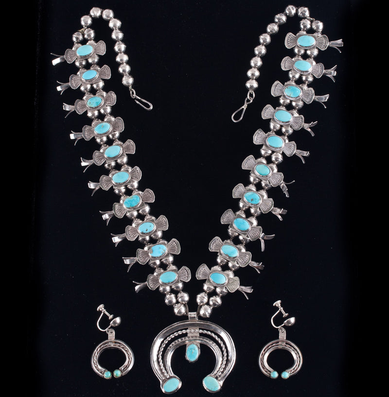Vintage 1970's Sterling Silver Sleeping Beauty Turquoise Squash Earring Set 117g