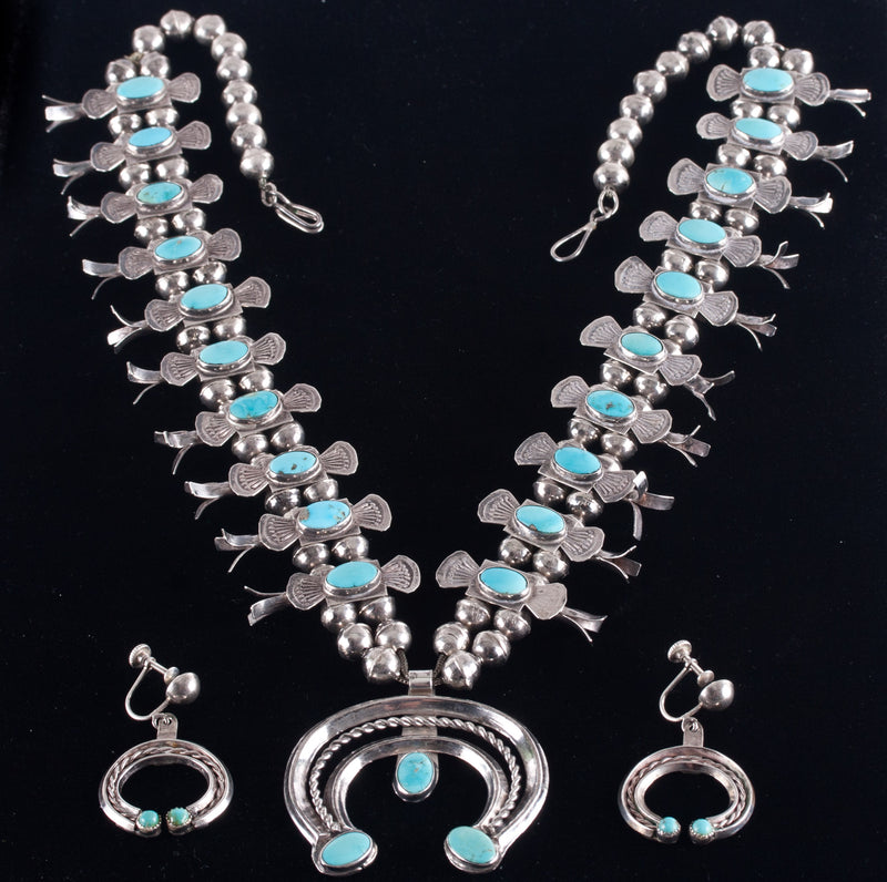 Vintage 1970's Sterling Silver Sleeping Beauty Turquoise Squash Earring Set 117g