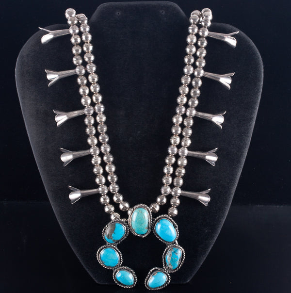 Vintage 1970's Sterling Silver Cabochon Turquoise Squash Blossom Necklace 130.5g
