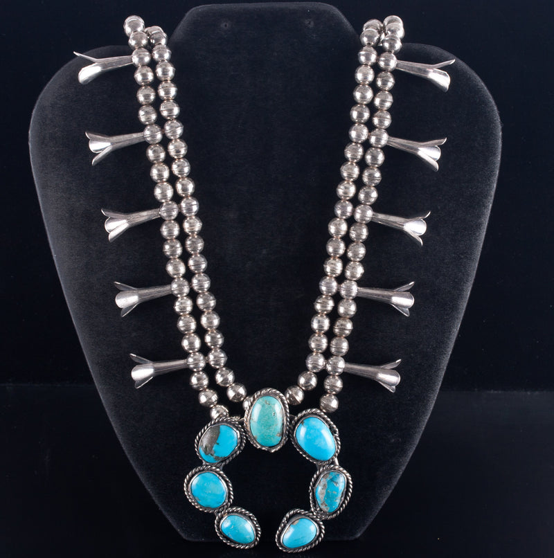 Vintage 1970's Sterling Silver Cabochon Turquoise Squash Blossom Necklace 130.5g