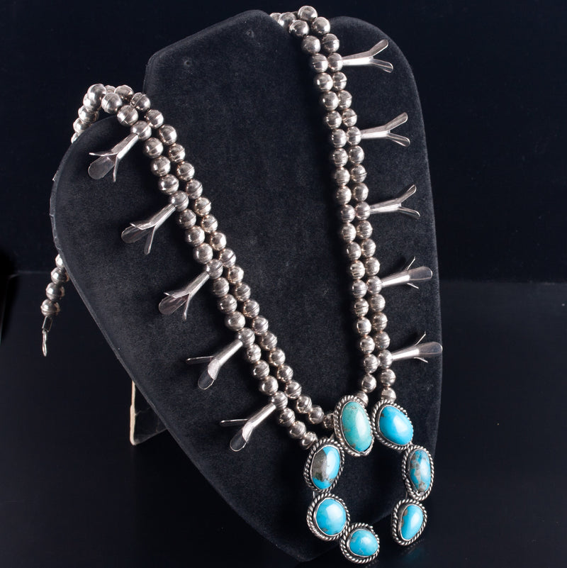 Vintage 1970's Sterling Silver Cabochon Turquoise Squash Blossom Necklace 130.5g