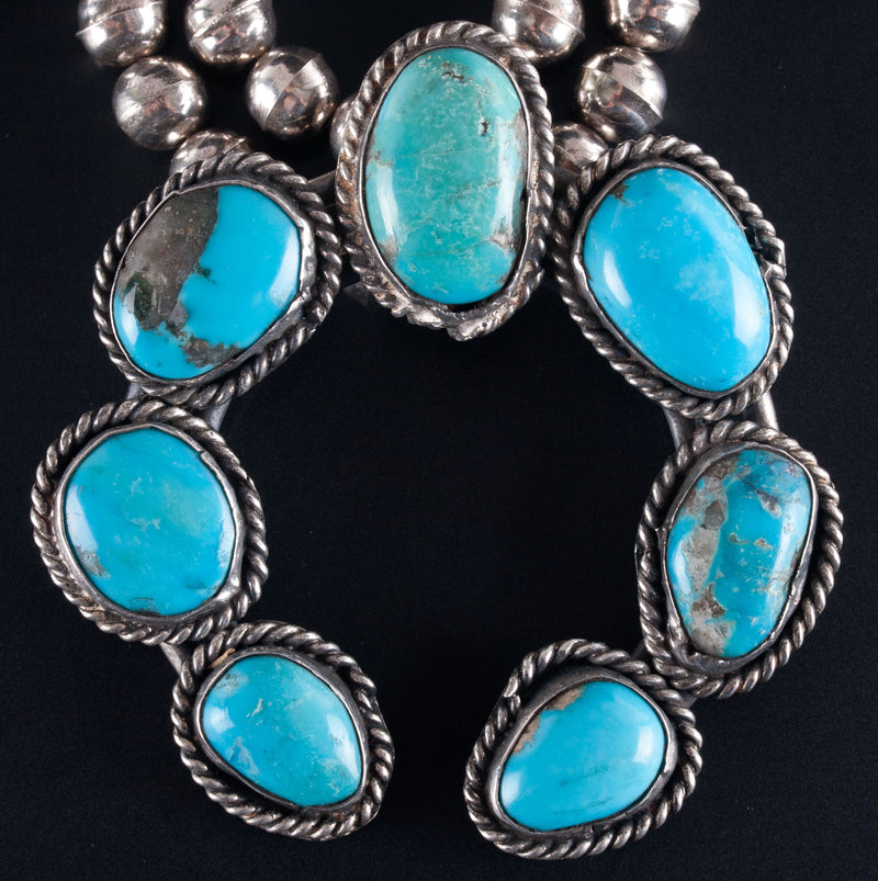 Vintage 1970's Sterling Silver Cabochon Turquoise Squash Blossom Necklace 130.5g