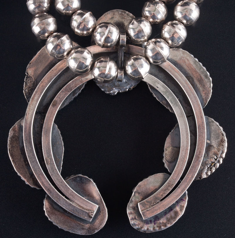 Vintage 1970's Sterling Silver Cabochon Turquoise Squash Blossom Necklace 130.5g