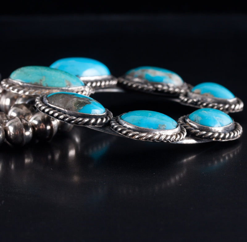 Vintage 1970's Sterling Silver Cabochon Turquoise Squash Blossom Necklace 130.5g