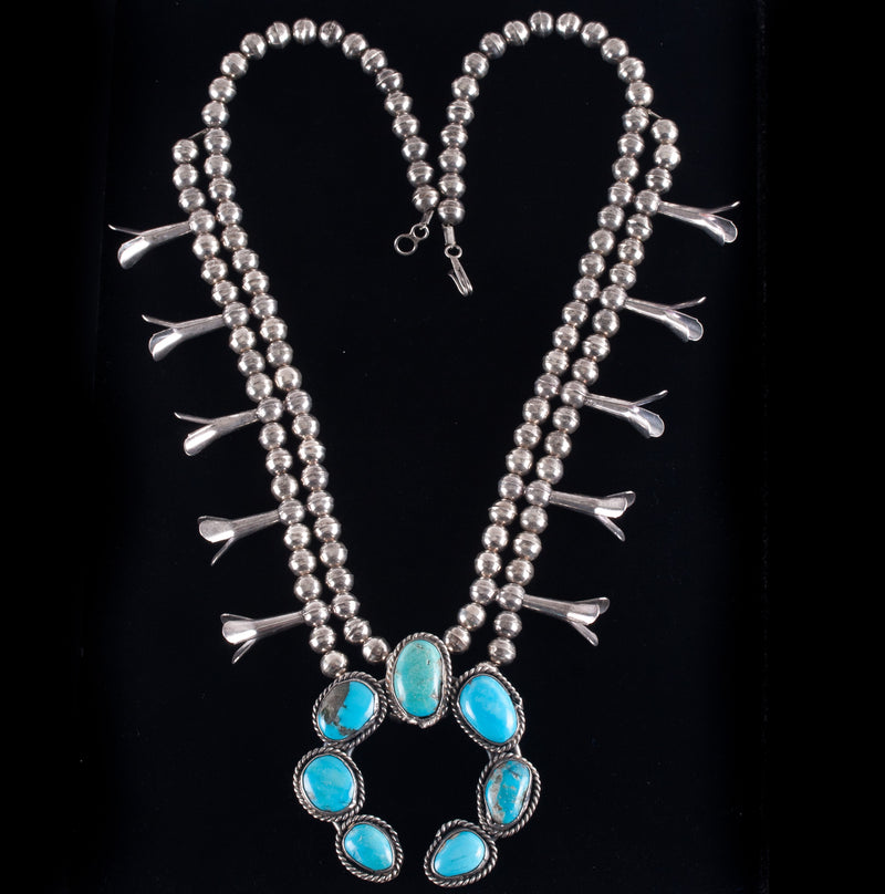 Vintage 1970's Sterling Silver Cabochon Turquoise Squash Blossom Necklace 130.5g