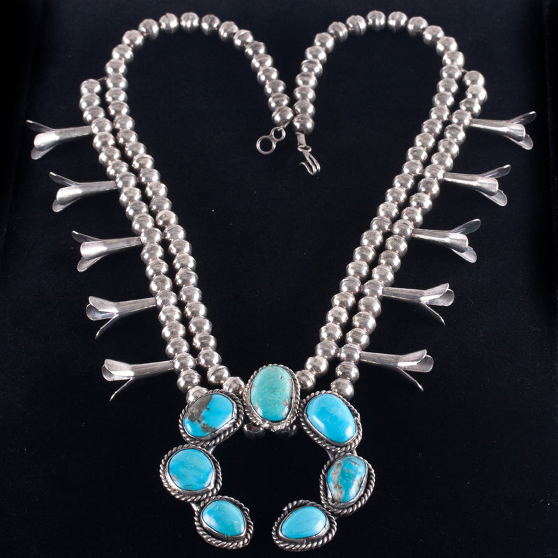 Vintage 1970's Sterling Silver Cabochon Turquoise Squash Blossom Necklace 130.5g