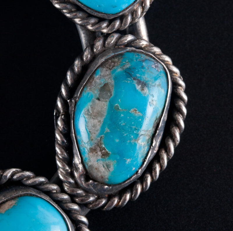 Vintage 1970's Sterling Silver Cabochon Turquoise Squash Blossom Necklace 130.5g