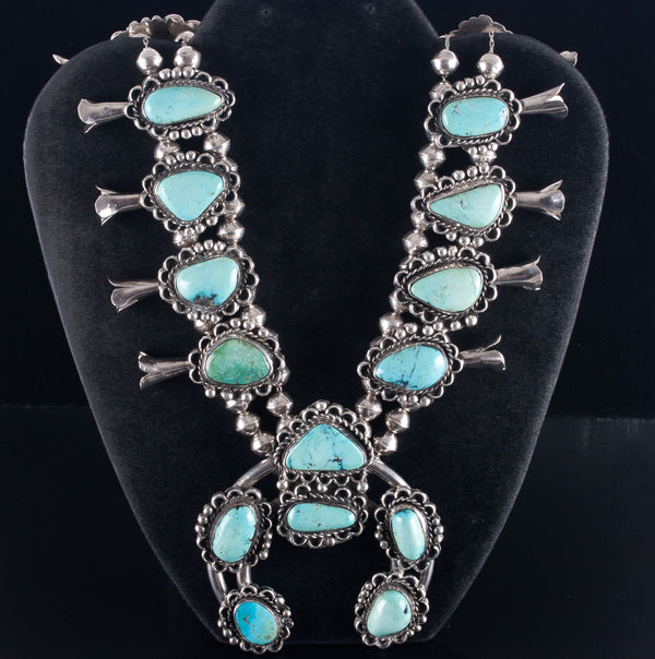 Vintage 1950's Sterling Silver Cabochon Turquoise Squash Blossom Necklace 317.3g