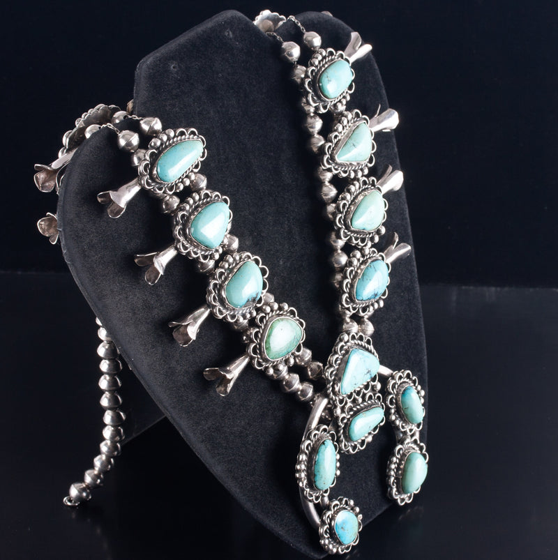 Vintage 1950's Sterling Silver Cabochon Turquoise Squash Blossom Necklace 317.3g