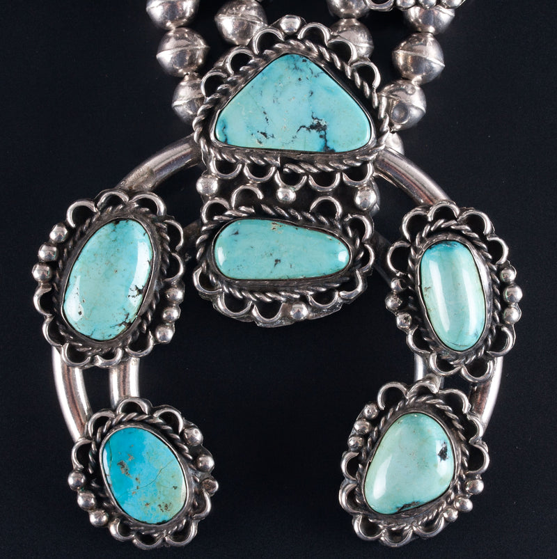 Vintage 1950's Sterling Silver Cabochon Turquoise Squash Blossom Necklace 317.3g