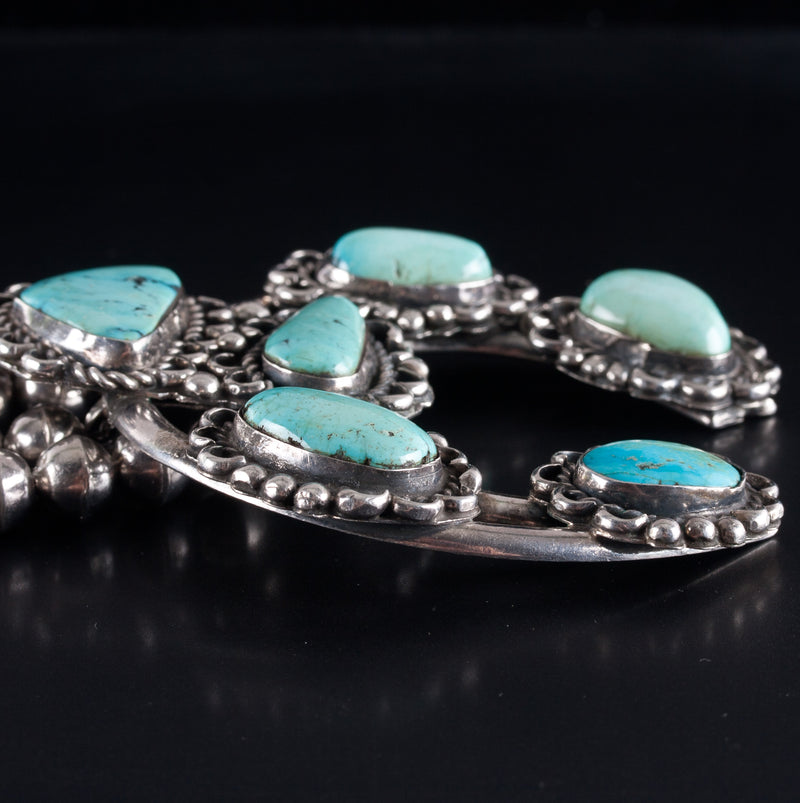 Vintage 1950's Sterling Silver Cabochon Turquoise Squash Blossom Necklace 317.3g