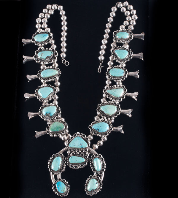 Vintage 1950's Sterling Silver Cabochon Turquoise Squash Blossom Necklace 317.3g