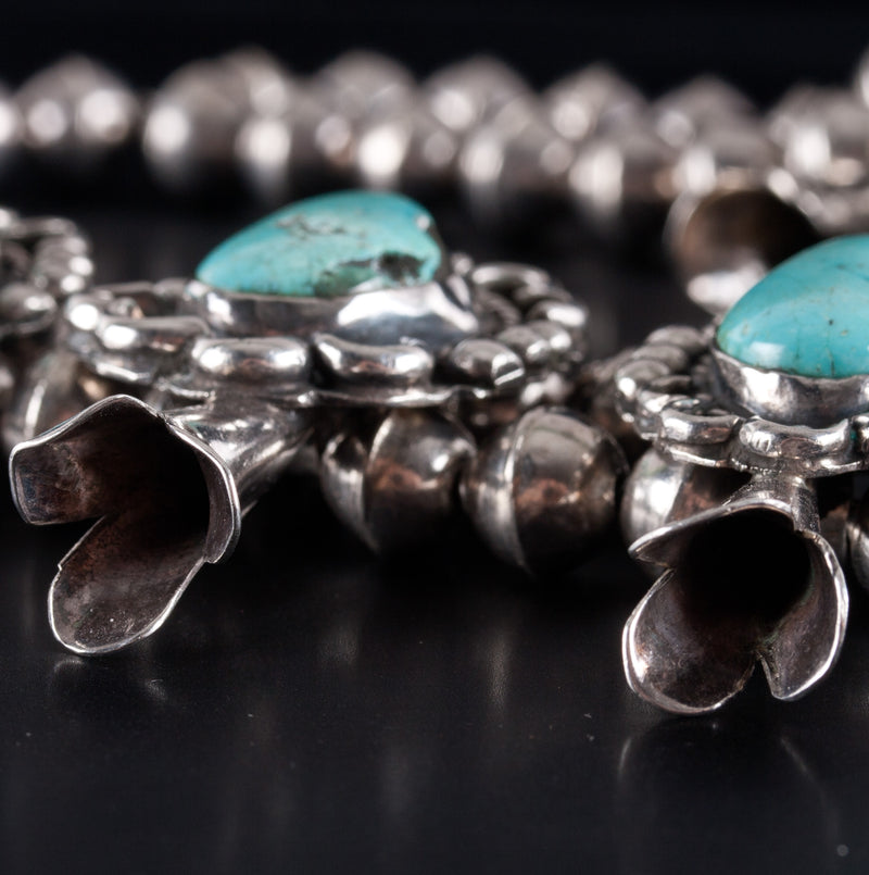 Vintage 1950's Sterling Silver Cabochon Turquoise Squash Blossom Necklace 317.3g