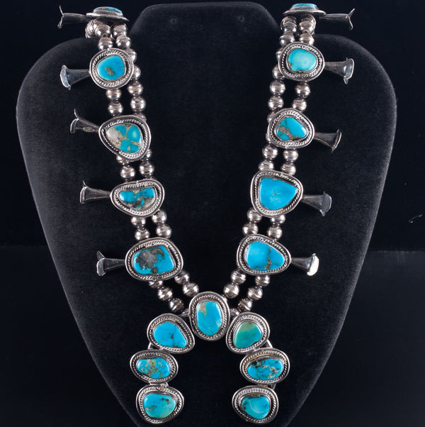 Vintage 1950's Sterling Silver Cabochon Turquoise Squash Blossom Necklace 160.4g