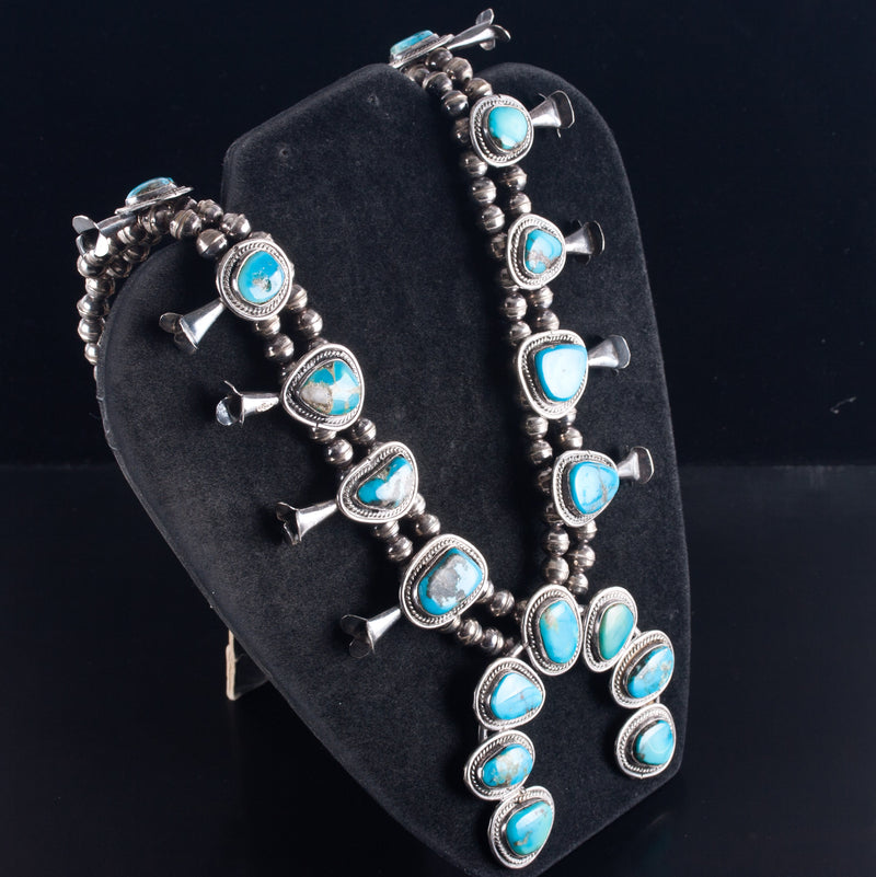 Vintage 1950's Sterling Silver Cabochon Turquoise Squash Blossom Necklace 160.4g