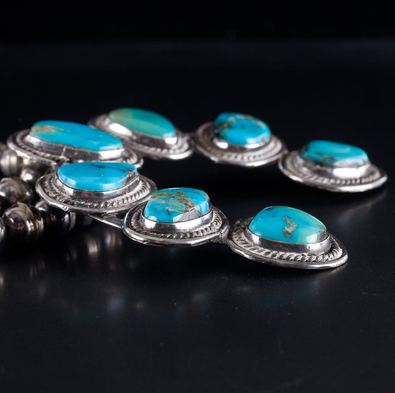 Vintage 1950's Sterling Silver Cabochon Turquoise Squash Blossom Necklace 160.4g