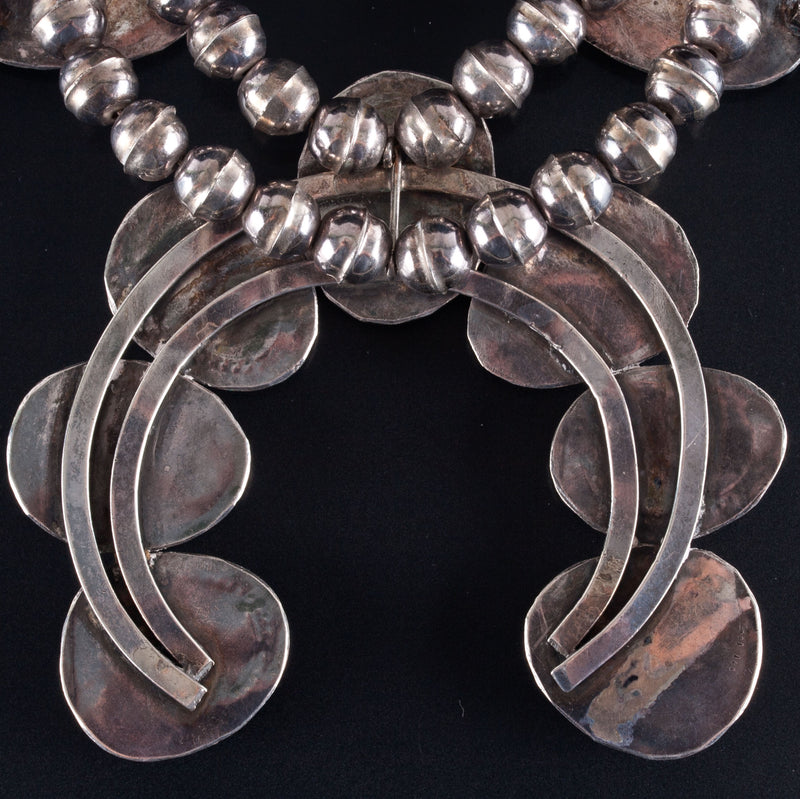 Vintage 1950's Sterling Silver Cabochon Turquoise Squash Blossom Necklace 160.4g