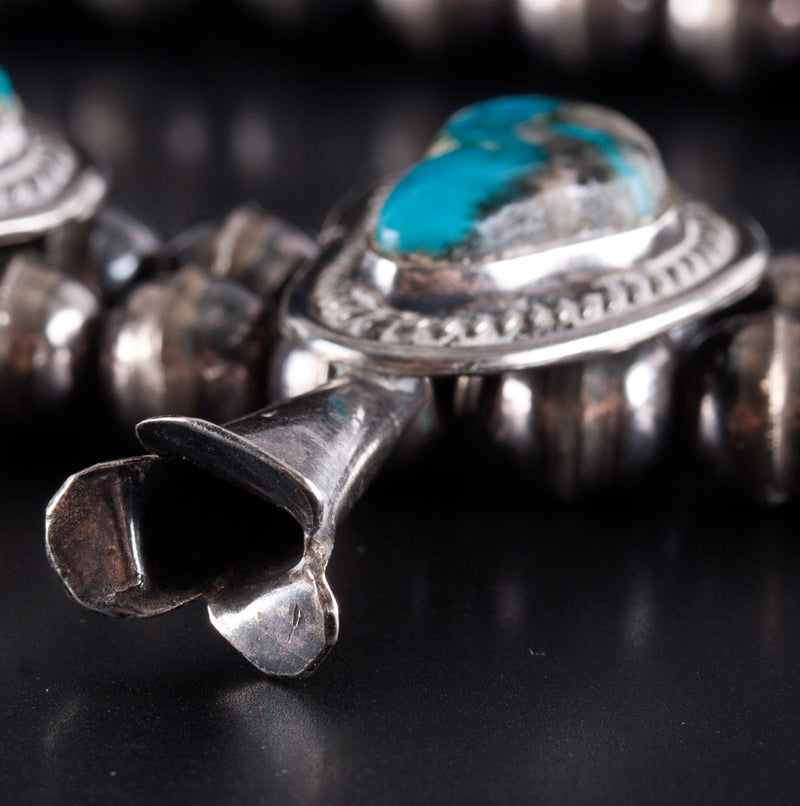 Vintage 1950's Sterling Silver Cabochon Turquoise Squash Blossom Necklace 160.4g