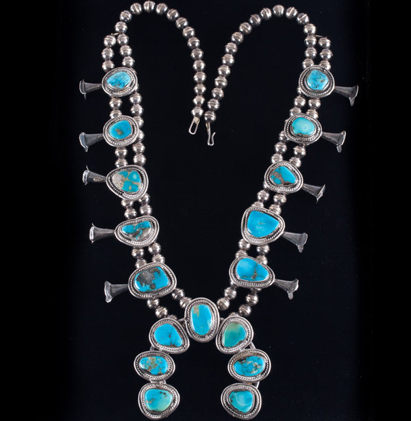 Vintage 1950's Sterling Silver Cabochon Turquoise Squash Blossom Necklace 160.4g