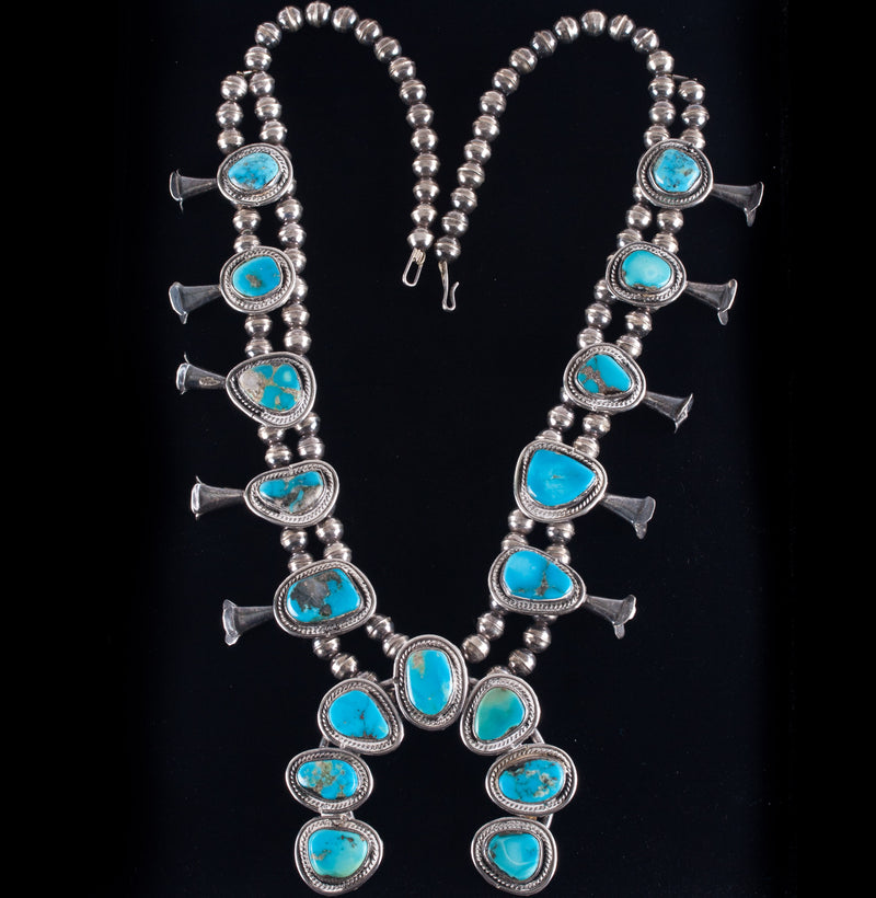 Vintage 1950's Sterling Silver Cabochon Turquoise Squash Blossom Necklace 160.4g