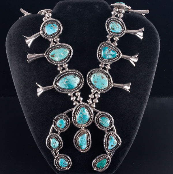 Vintage 1960's Sterling Silver Cabochon Turquoise Squash Blossom Necklace 312.9g