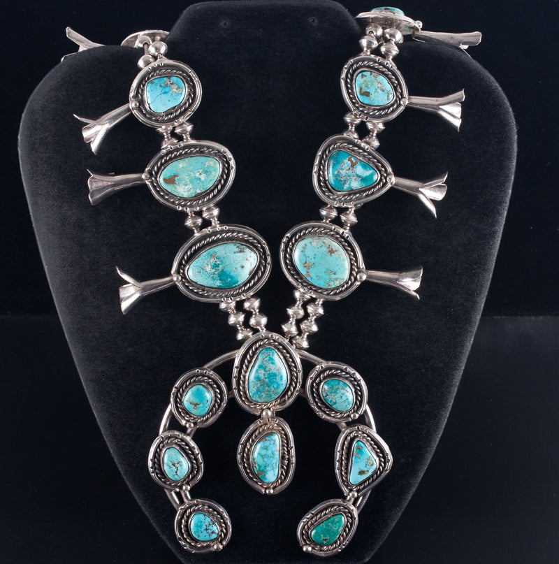 Vintage 1960's Sterling Silver Cabochon Turquoise Squash Blossom Necklace 312.9g