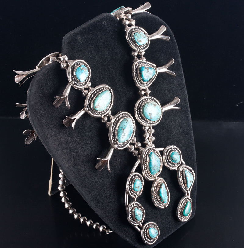 Vintage 1960's Sterling Silver Cabochon Turquoise Squash Blossom Necklace 312.9g