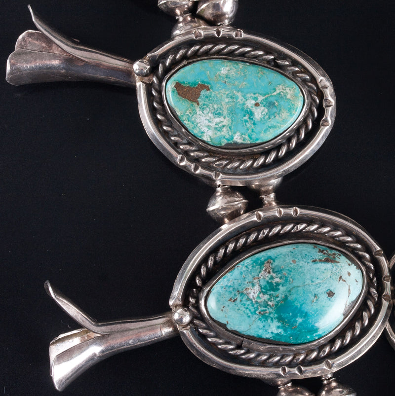 Vintage 1960's Sterling Silver Cabochon Turquoise Squash Blossom Necklace 312.9g