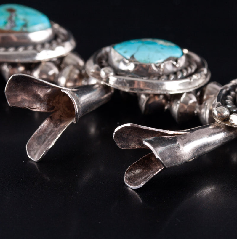 Vintage 1960's Sterling Silver Cabochon Turquoise Squash Blossom Necklace 312.9g