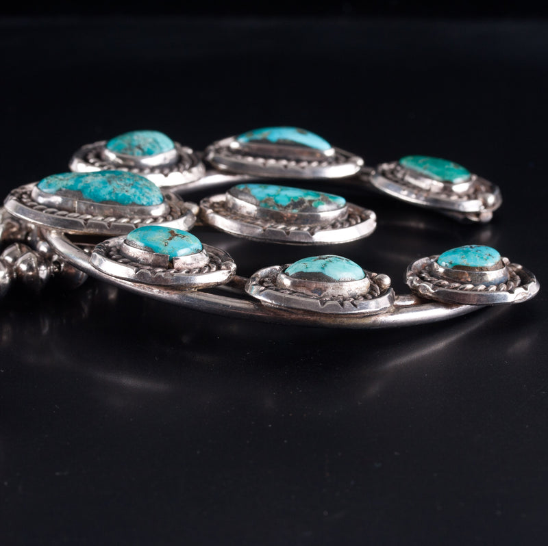 Vintage 1960's Sterling Silver Cabochon Turquoise Squash Blossom Necklace 312.9g