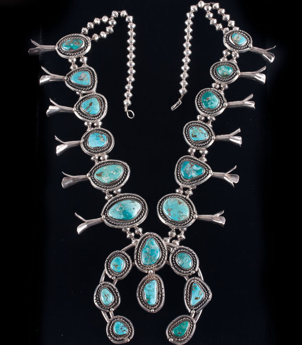 Vintage 1960's Sterling Silver Cabochon Turquoise Squash Blossom Necklace 312.9g