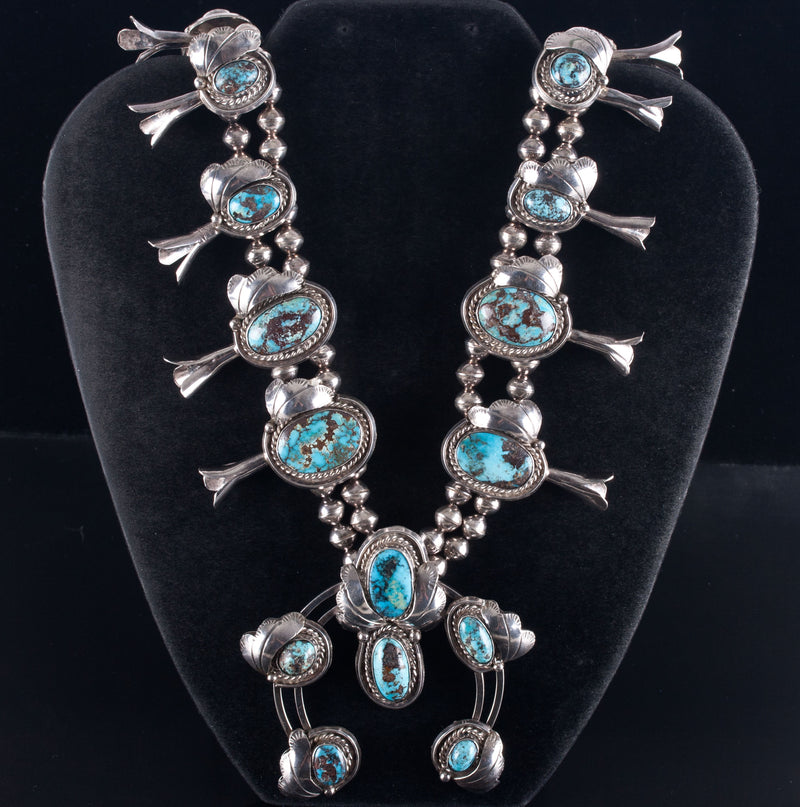 Vintage 1970's Sterling Silver Cabochon Turquoise Navajo Squash Blossom 214.9g