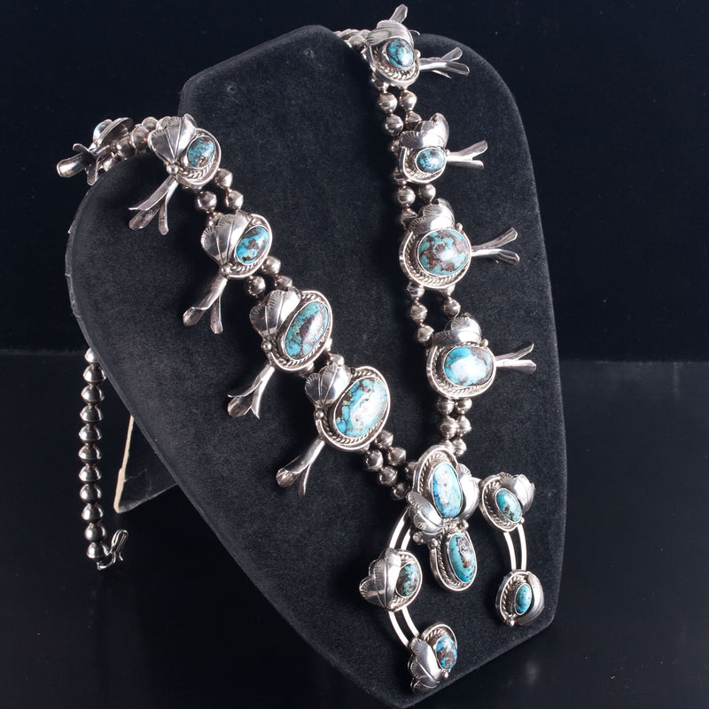 Vintage 1970's Sterling Silver Cabochon Turquoise Navajo Squash Blossom 214.9g