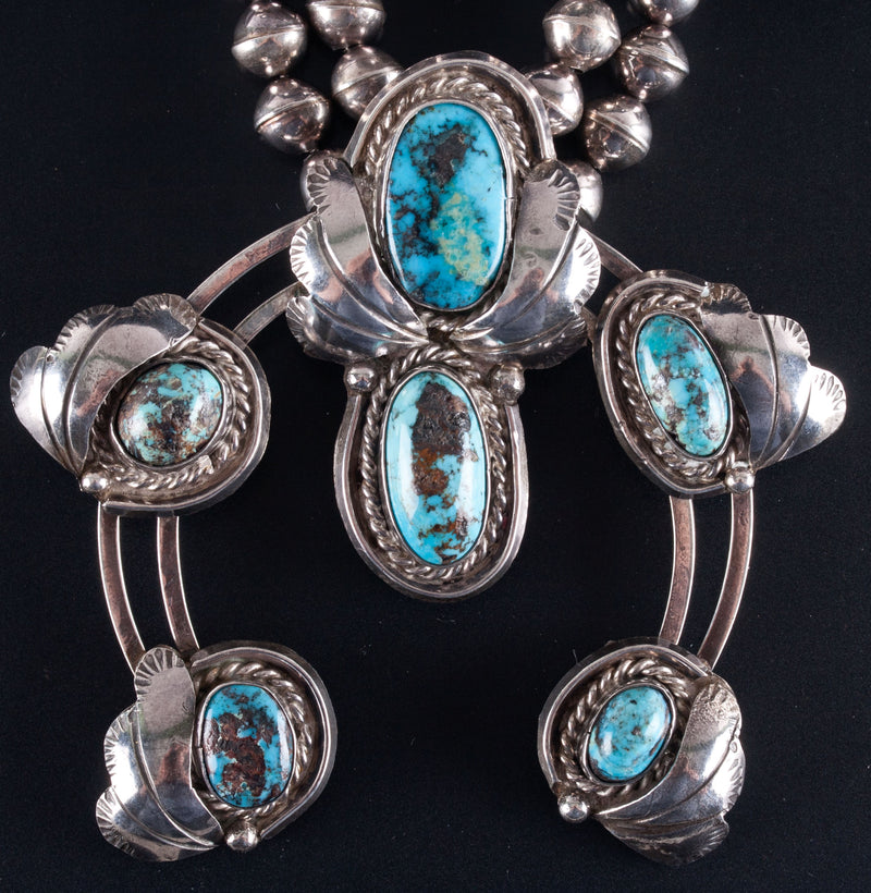 Vintage 1970's Sterling Silver Cabochon Turquoise Navajo Squash Blossom 214.9g