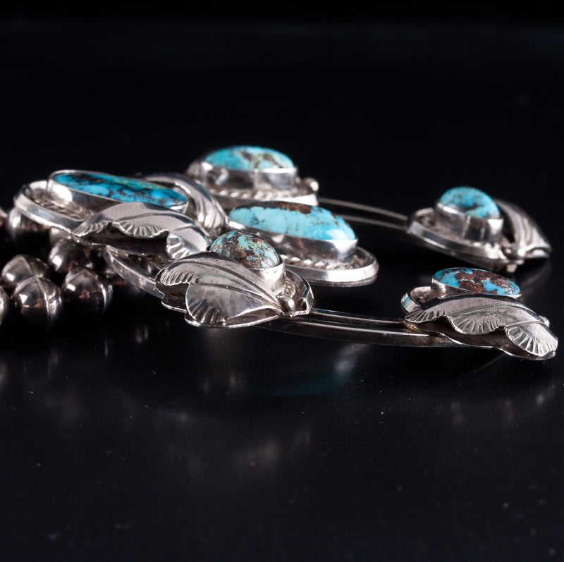 Vintage 1970's Sterling Silver Cabochon Turquoise Navajo Squash Blossom 214.9g