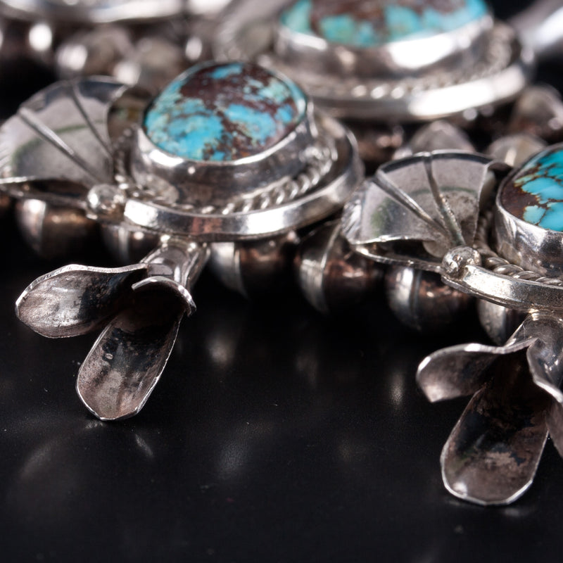 Vintage 1970's Sterling Silver Cabochon Turquoise Navajo Squash Blossom 214.9g