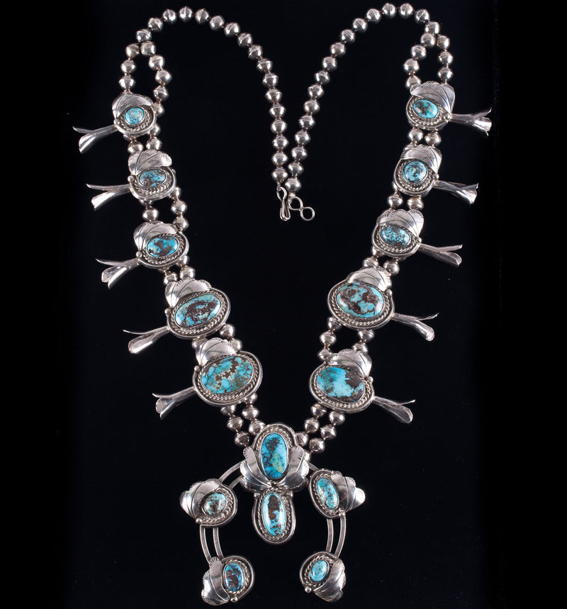 Vintage 1970's Sterling Silver Cabochon Turquoise Navajo Squash Blossom 214.9g