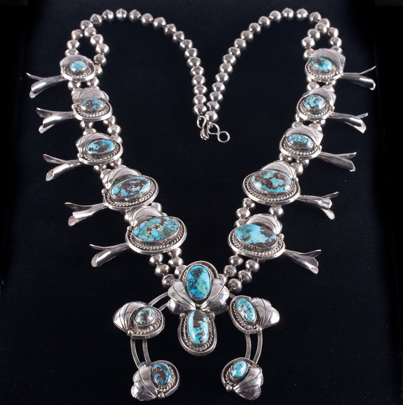 Vintage 1970's Sterling Silver Cabochon Turquoise Navajo Squash Blossom 214.9g
