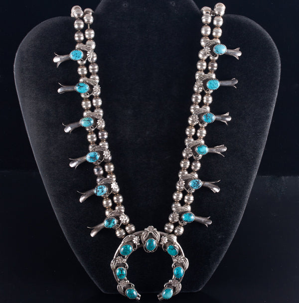 Vintage 1970's Sterling Silver Cabochon Turquoise Navajo Squash Blossom 77.4g