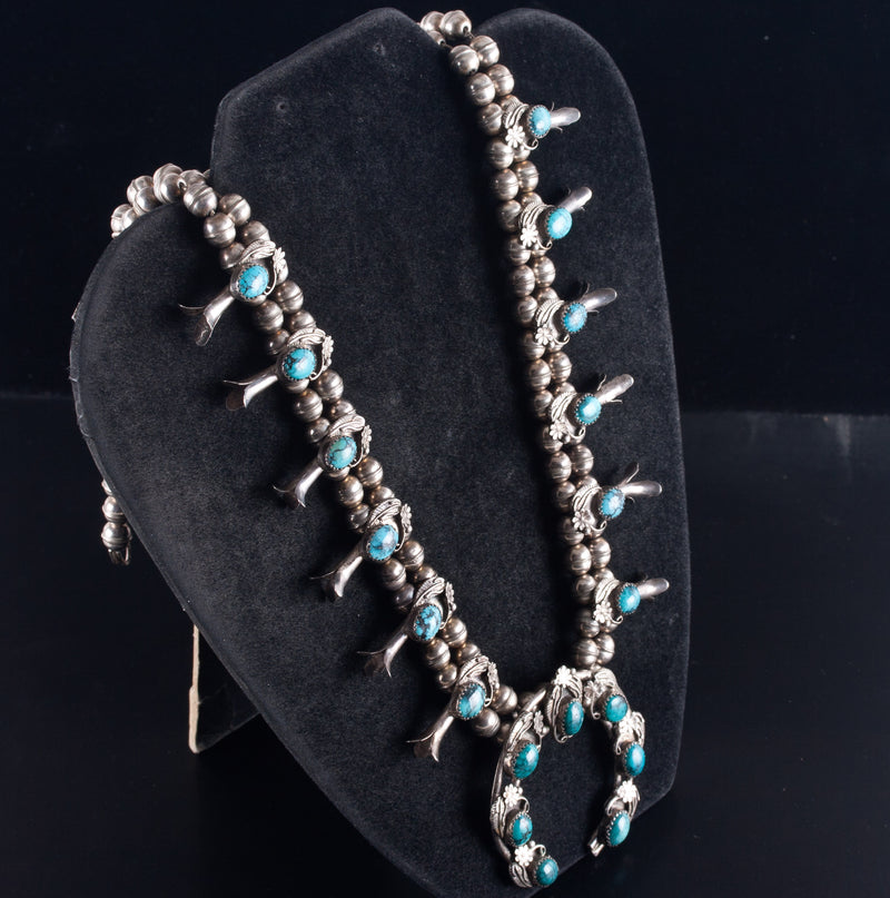 Vintage 1970's Sterling Silver Cabochon Turquoise Navajo Squash Blossom 77.4g
